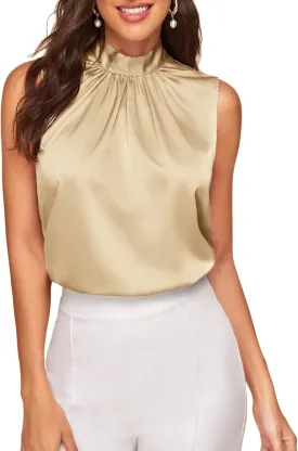Verdusa Women's Elegant Tie Back Sleeveless Pleated Mock Neck Satin Blouse Top