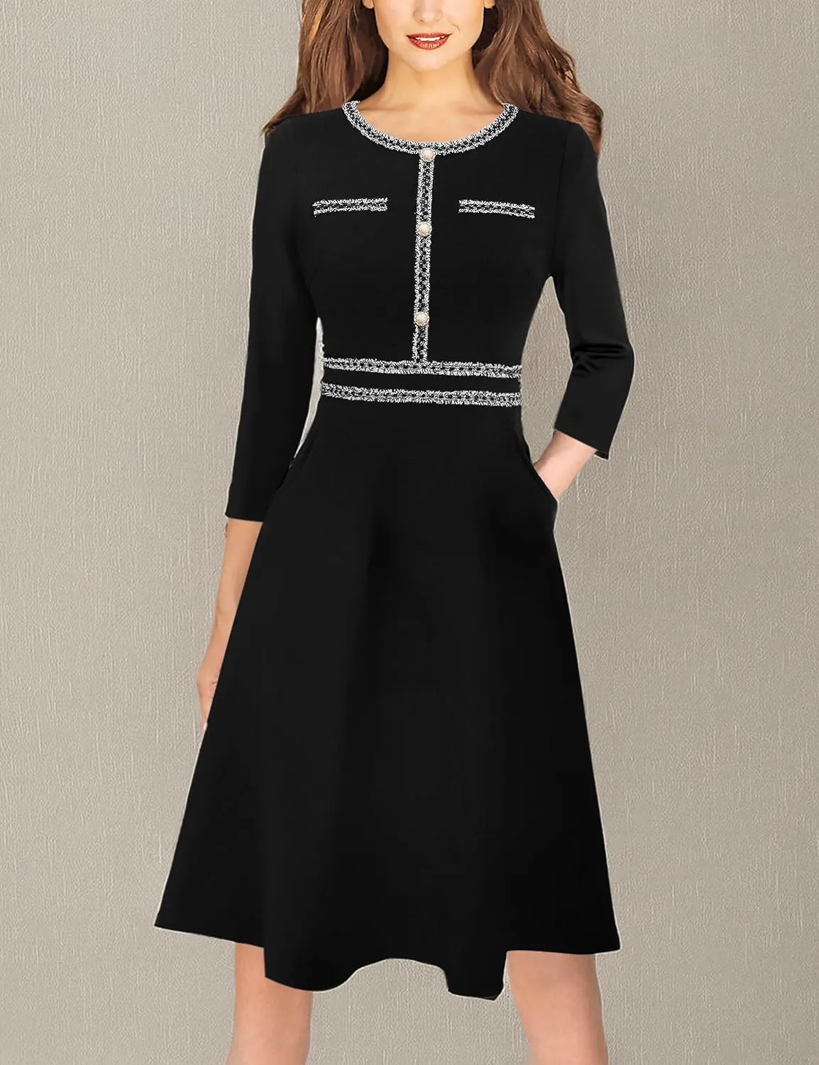 VFSHOW Womens Button Pockets Wear to Work Office Business Vintage Church Fit and Flare A Line Dress