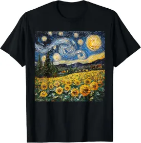 Vintage Sunflower Flower Van Gogh Style Starry Night Graphic T-Shirt