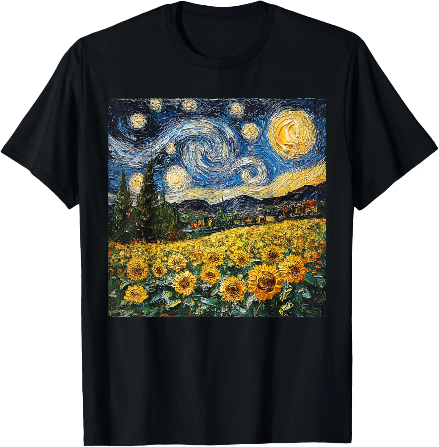 Vintage Sunflower Flower Van Gogh Style Starry Night Graphic T-Shirt