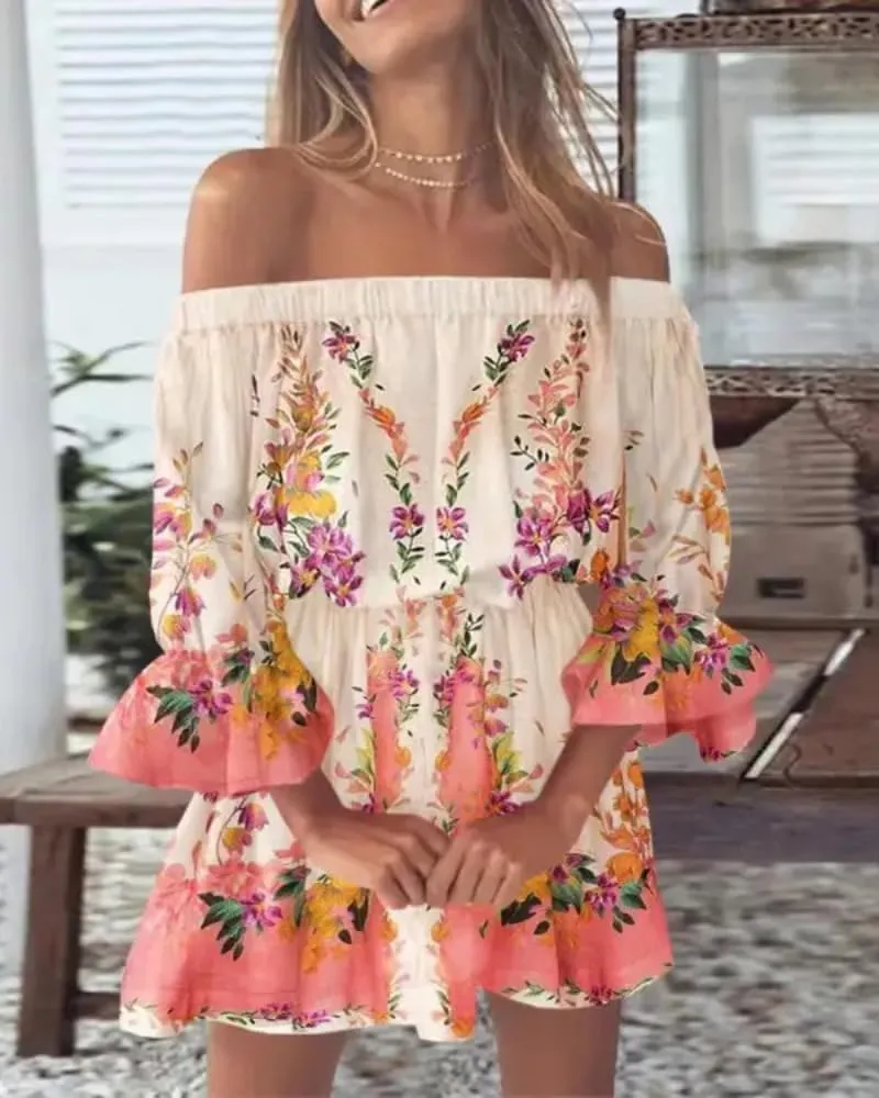 Vrtige Women's Floral Off Shoulder Flounce Half Sleeve Ruffle Hem A Line Mini Dress