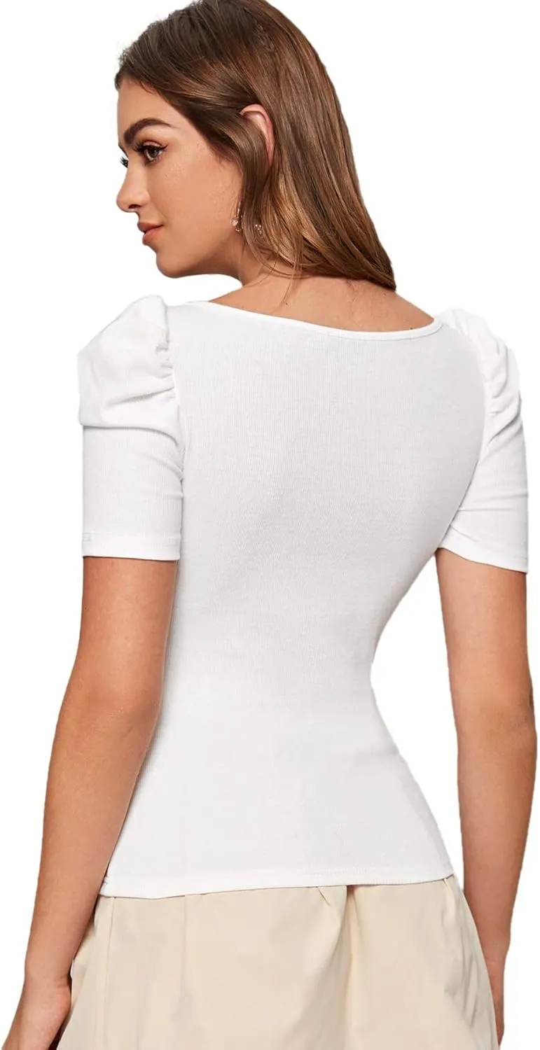 WDIRARA Women's Puff Sleeve Square Neck Short Sleeve Elegant Tee Top