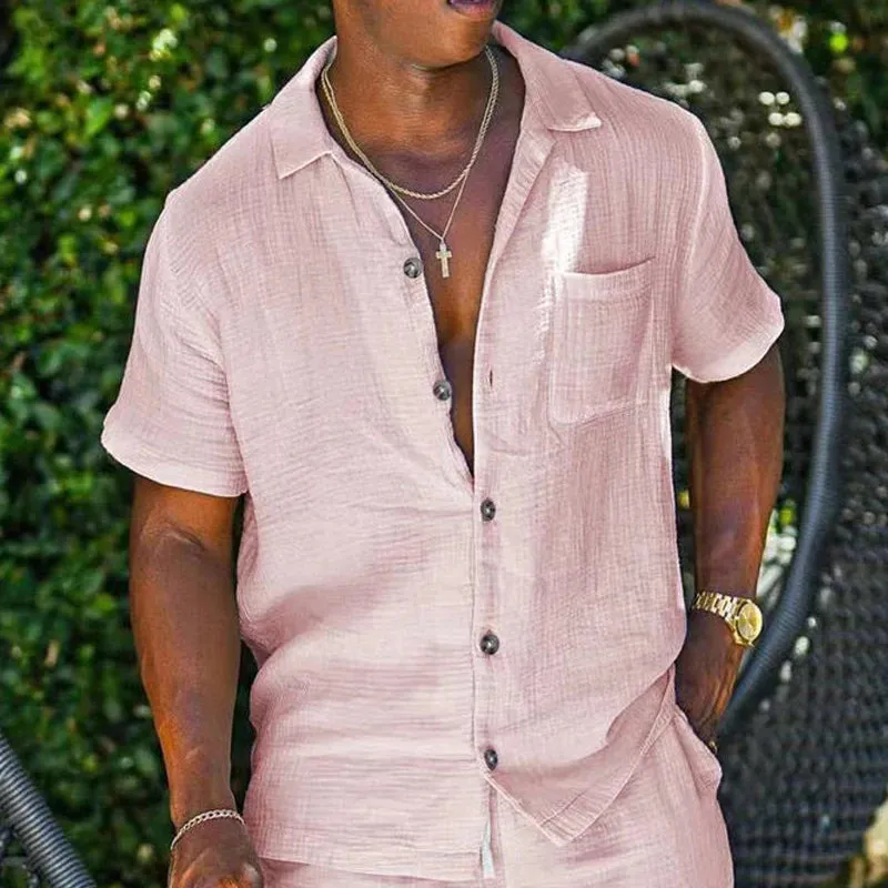 Wiaofellas  -  Spring Summer Casual Men Cotton Linen Suits Short-sleeve Shirts And Shorts Turndown Collar 2-Piece Set Man Fashion Solid Clothes