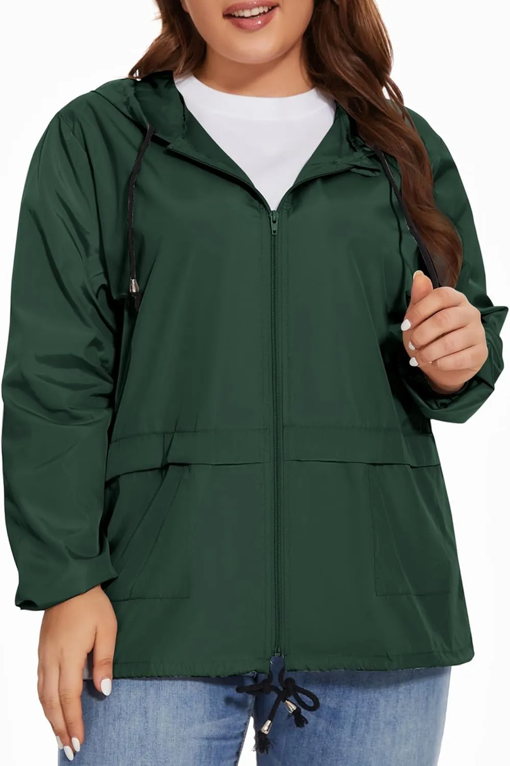 Women Plus Size Raincoat Lightweight Waterproof Windbreaker Packable Outdoor Hooded Rain Jacket