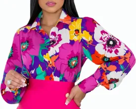 Women's Buchona Blouses Long Sleeve Floral Print Button Down Shirts, Loose Collar Sexy Tops for Everyday & Party Wear