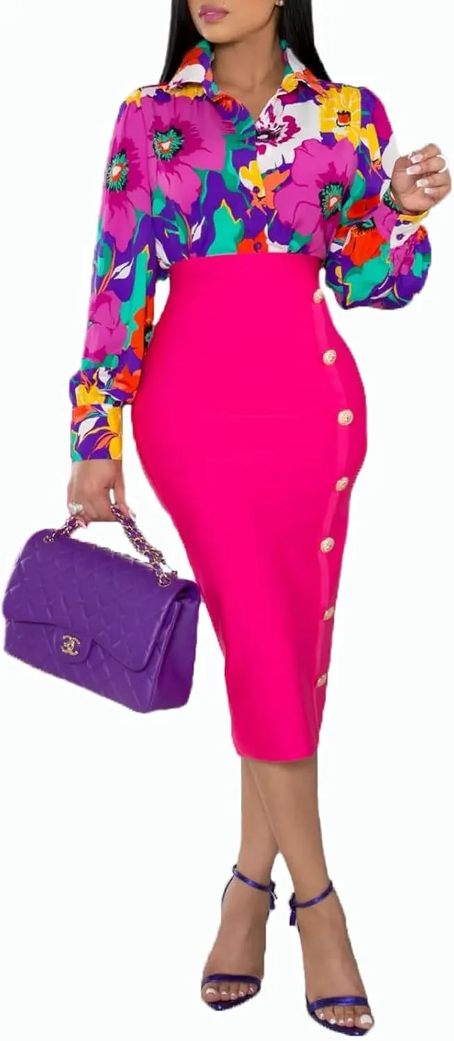 Women's Buchona Blouses Long Sleeve Floral Print Button Down Shirts, Loose Collar Sexy Tops for Everyday & Party Wear