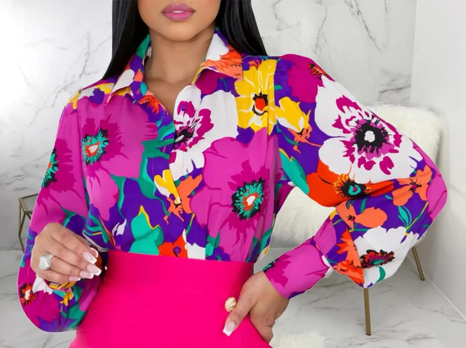 Women's Buchona Blouses Long Sleeve Floral Print Button Down Shirts, Loose Collar Sexy Tops for Everyday & Party Wear